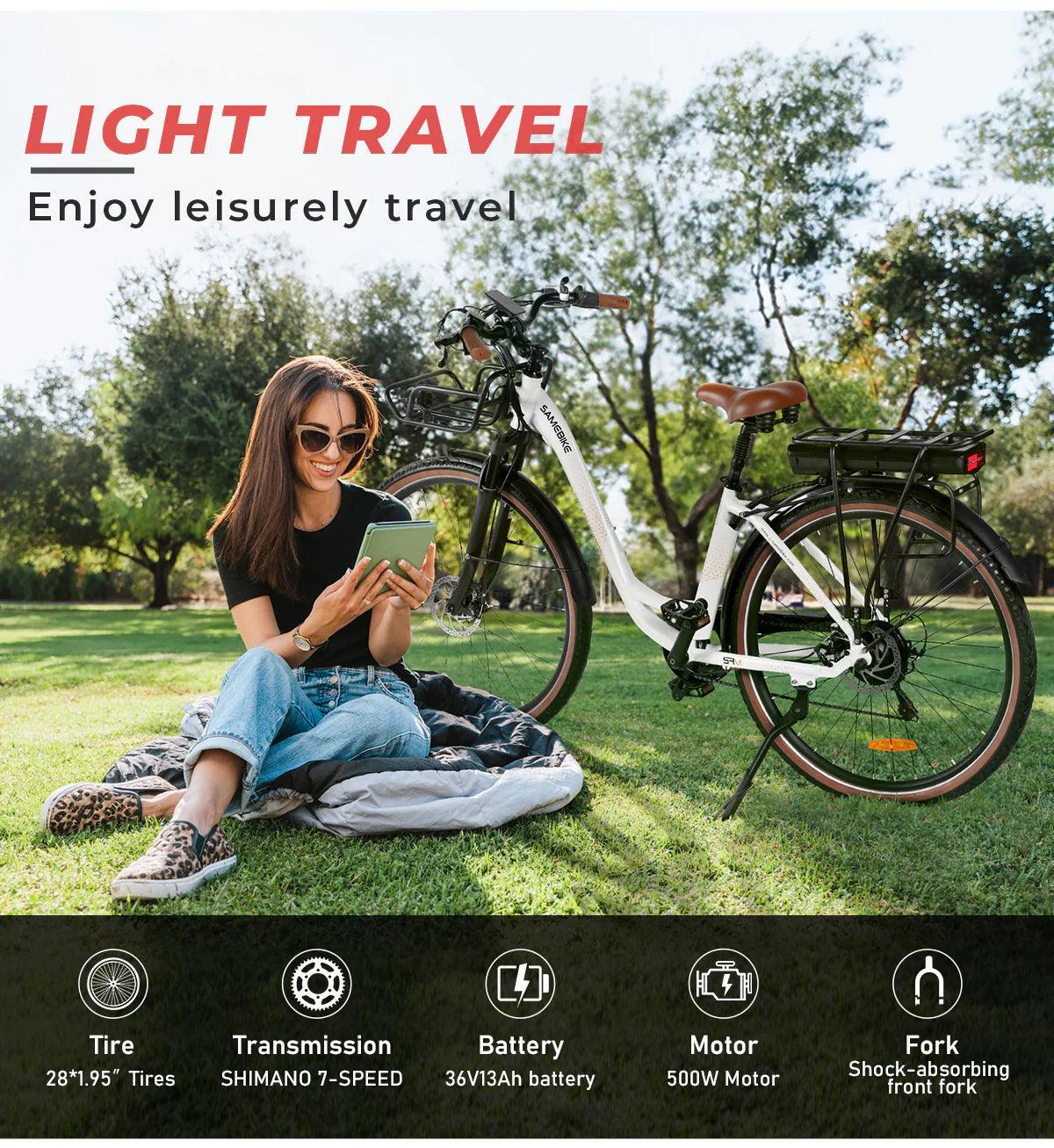 Woman relaxing on grass while reading next to a Samebike RS-A07 electric bike, highlighting its lightweight design, 36V13Ah battery, and Shimano 7-speed transmission – Pogo Cycles.