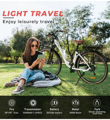 Woman relaxing on grass while reading next to a Samebike RS-A07 electric bike, highlighting its lightweight design, 36V13Ah battery, and Shimano 7-speed transmission – Pogo Cycles.