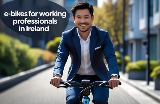 A smiling man in smart casual attire riding an e-bike on a sunny urban pathway in Ireland, with text overlay reading 'E-bikes for working professionals in Ireland'.