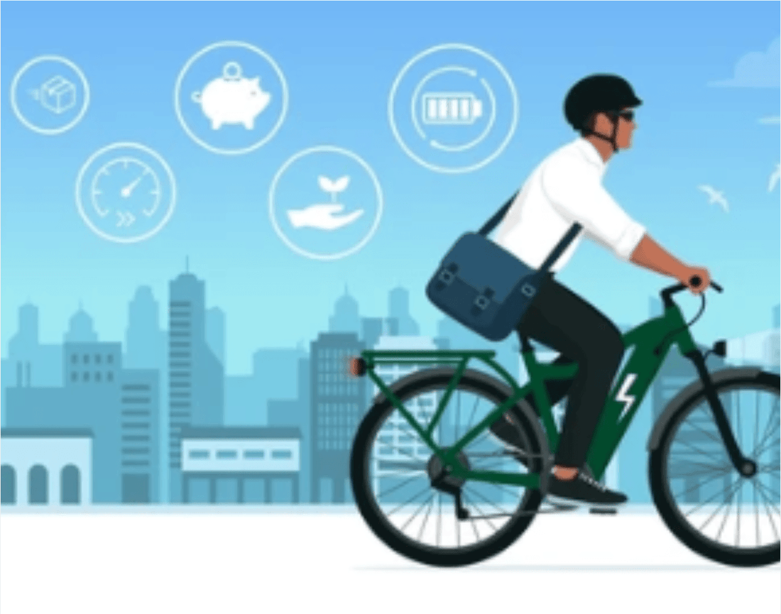 Man riding electric bike in city with eco icons, Pogo Cycles electric bicycle concept