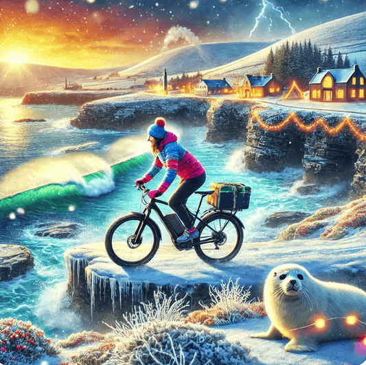 Electric bike with rear rack ridden on snowy cliff by sea, winter landscape, side view