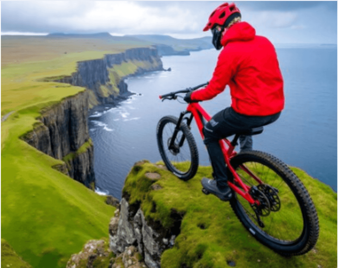 Cyclist on electric bike overlooking dramatic coastal cliffs, Pogo Cycles outdoor adventure.