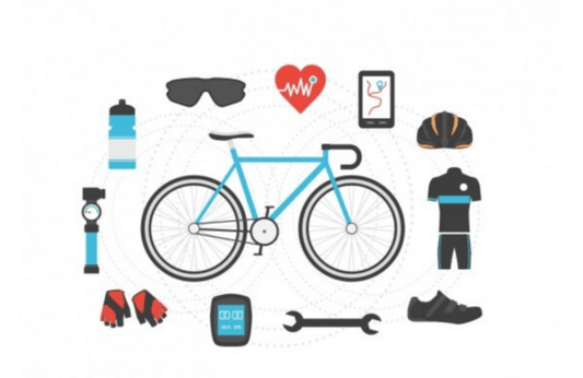 blue electric bike side view surrounded by cycling gear, accessories, and fitness tracker