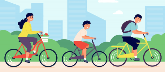 Three people riding bicycles in a city park, side view, colorful illustration