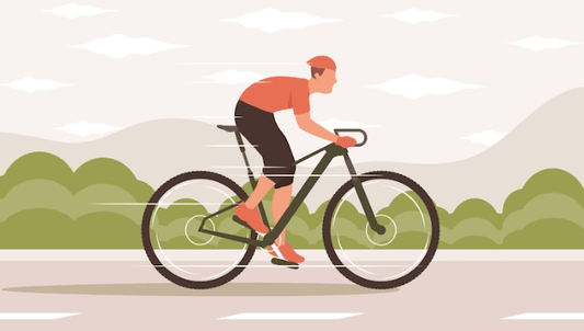 Electric bike side view on road with rider in casual gear, nature landscape in background