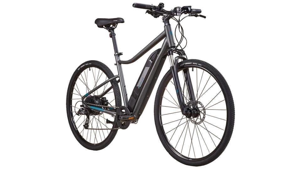 black electric bike with integrated battery, side view, suitable for city commuting