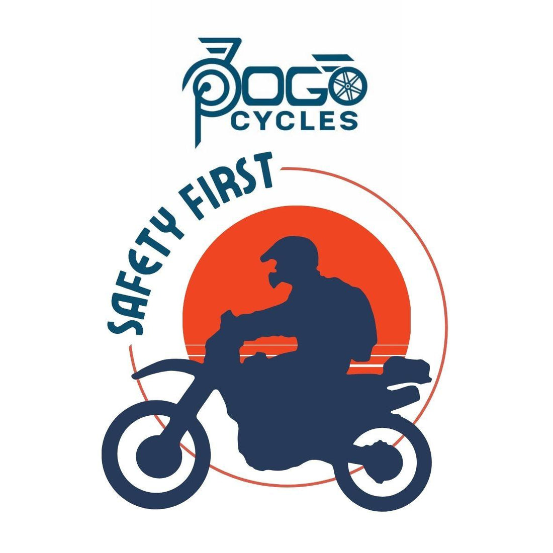 Electric bike rider silhouette with helmet, safety first message, red sun background, side view