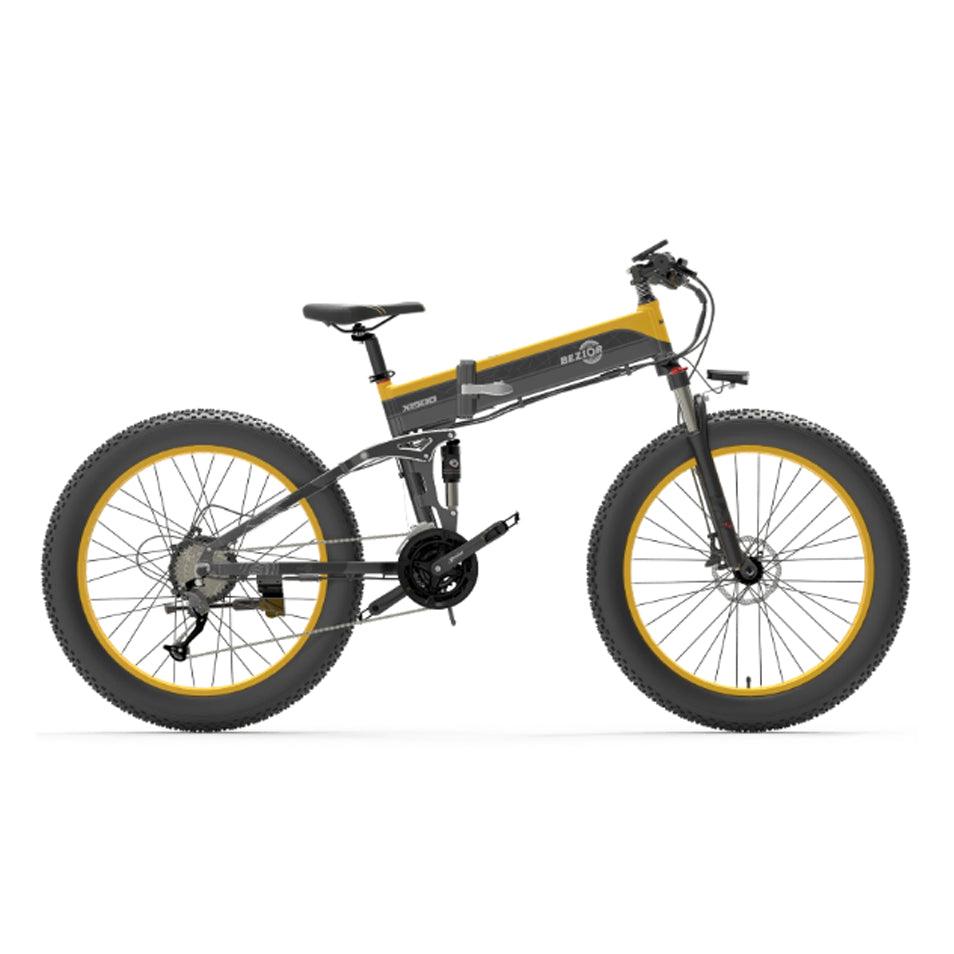 Bezior X1500 electric bike in gray and yellow, side view with fat tires and foldable frame