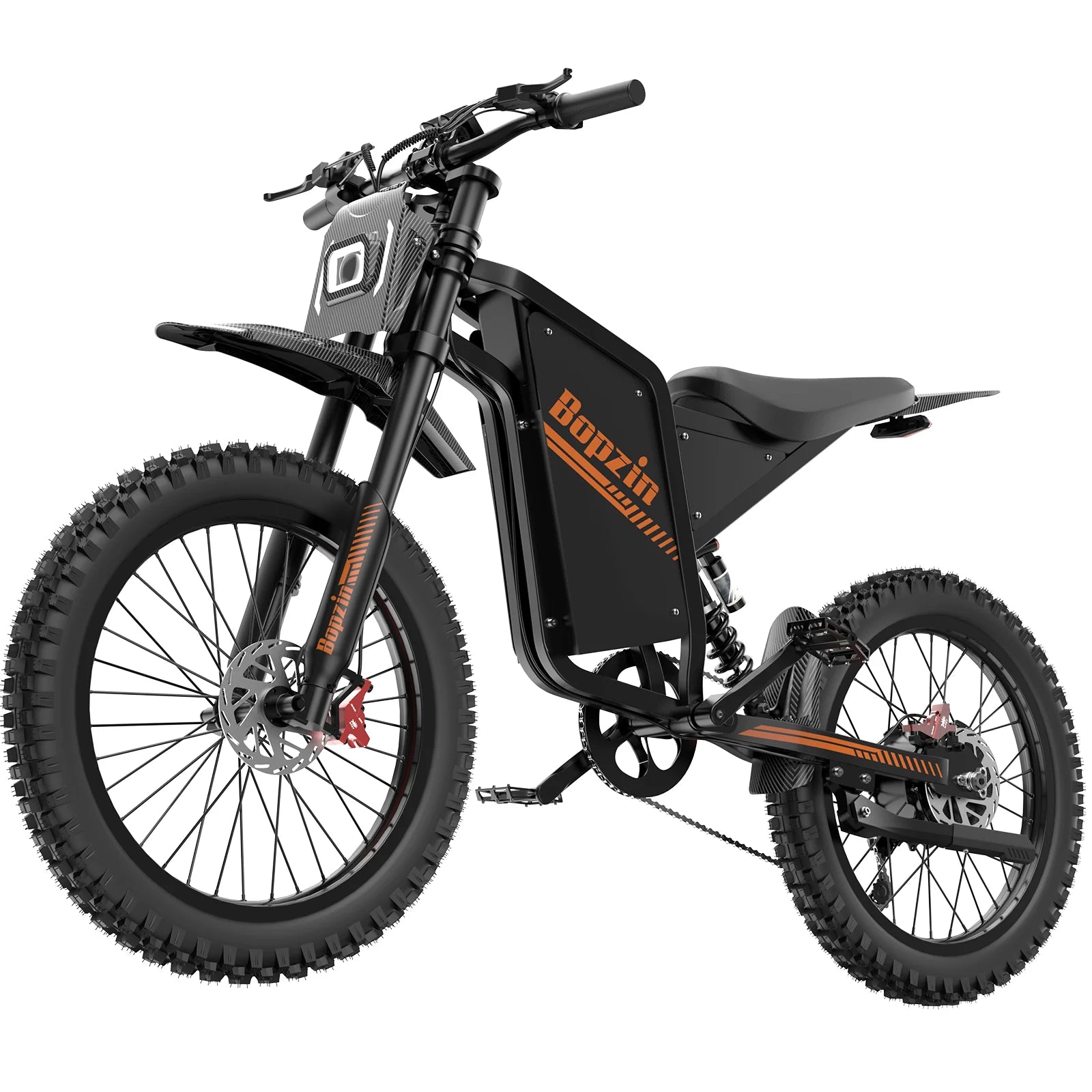 Left view of Bopzin Q8 Electric Bike in black with orange branding on a white background