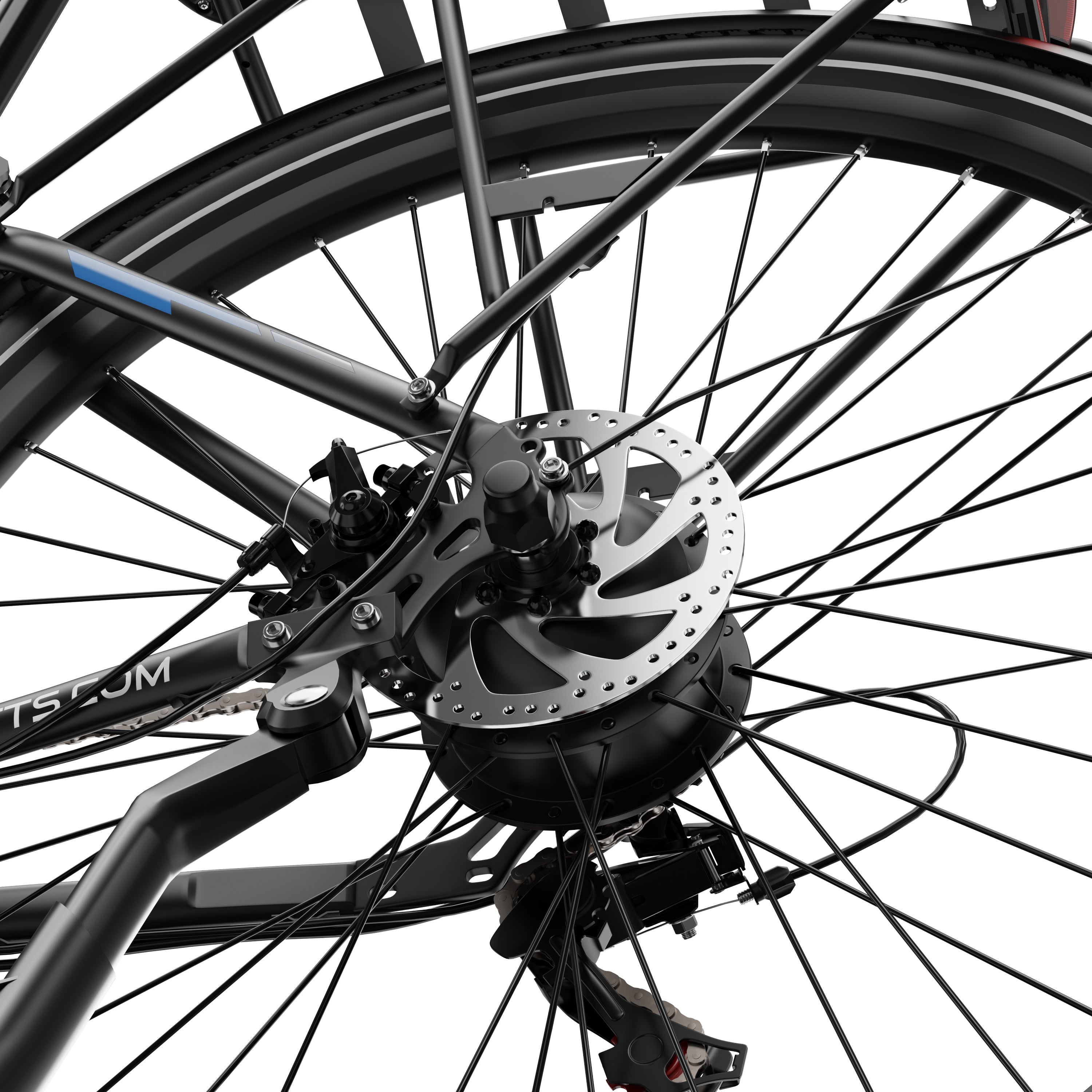 Close-up of a DUOTTS C29 Lite Electric bicycle wheel with disc brake system on a white background