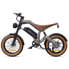 Left view of  DYU M20 All-Terrain Long-Range Electric Bike with brown tires on a white background