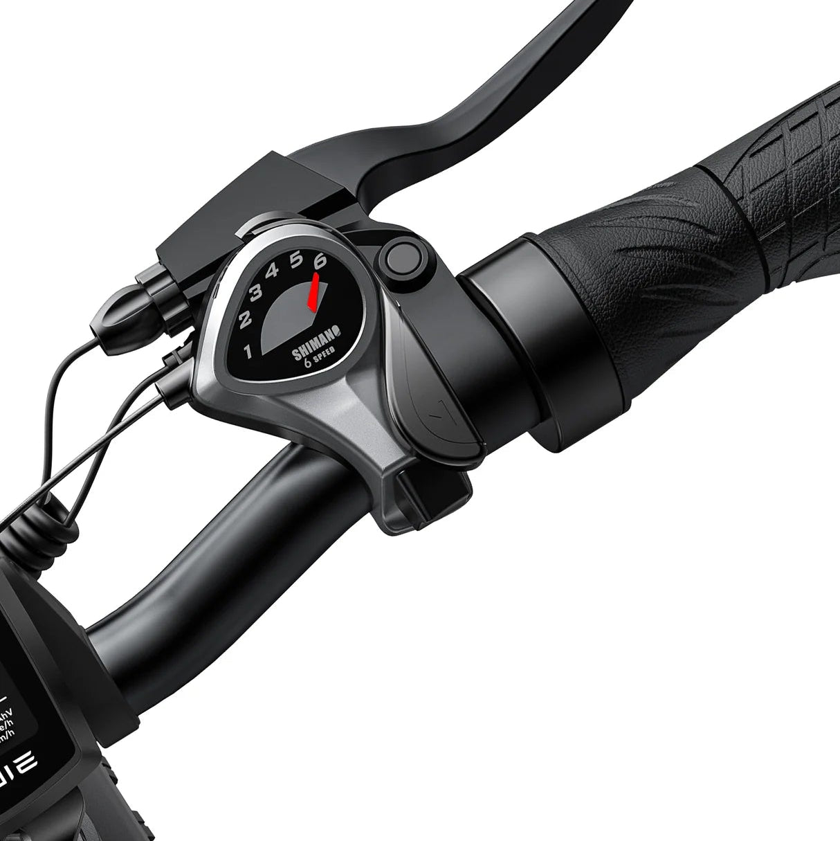 Close-up of a Engwe EP-2 Pro bicycle handlebar with brake lever and gear indicator on a white background
