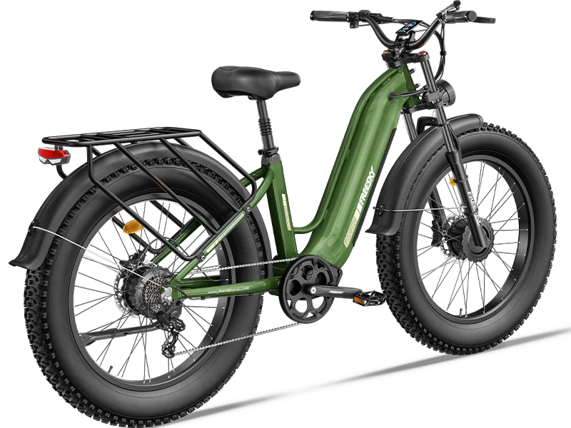 Freesky Ranger M-540 Dual-Motor Step-Thru Ebike in green - right side view  on a white background