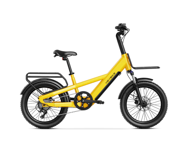 Yellow Heybike EC Compact Sport Electric Bike with black details on a white background