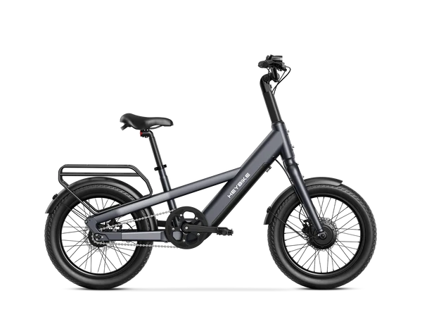 Heybike EC Compact Sport Electric Bike - Gray with a small basket on a white background