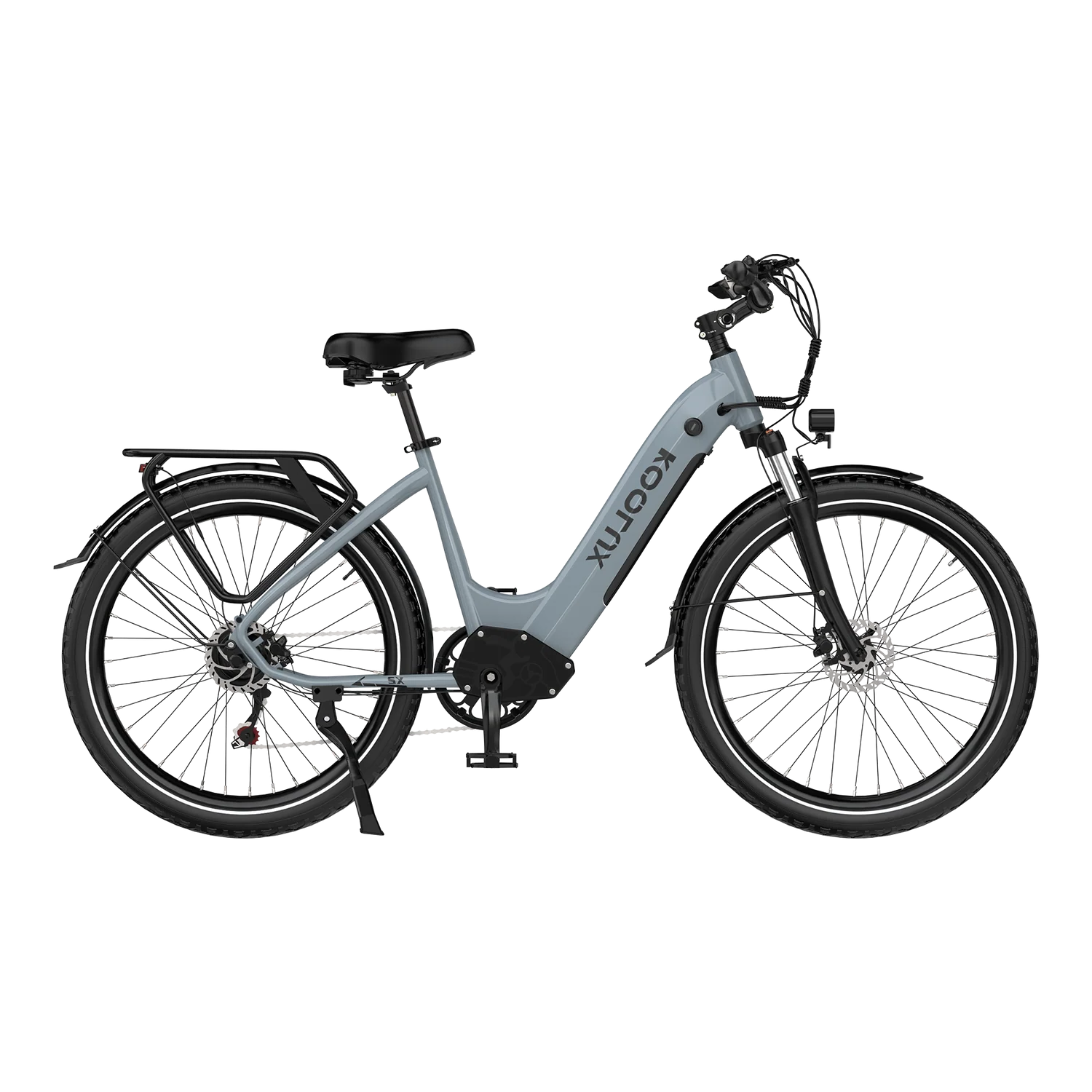 Gray KOOLUX X2 Step-Thru Electric Bike with black details on a white background