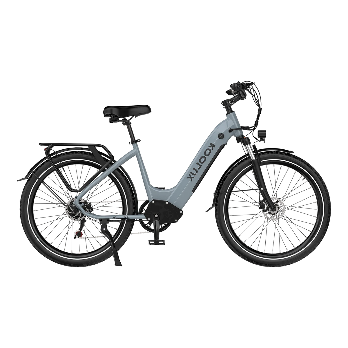 Gray KOOLUX X2 Step-Thru Electric Bike with black details on a white background