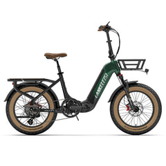 A side profile view of a LANKELEISI GOLF-X electric bicycle with a dark green frame, black components, brown saddle, and tan sidewall tires, set against a plain white background.