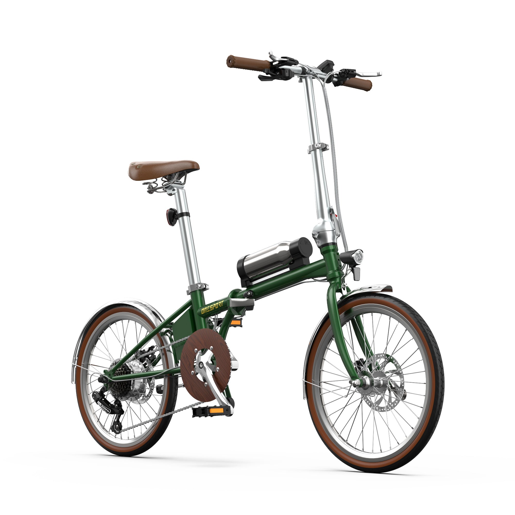 Green Onesport OT02 Pro Electric folding bicycle with brown seat and handlebar grips on a white background