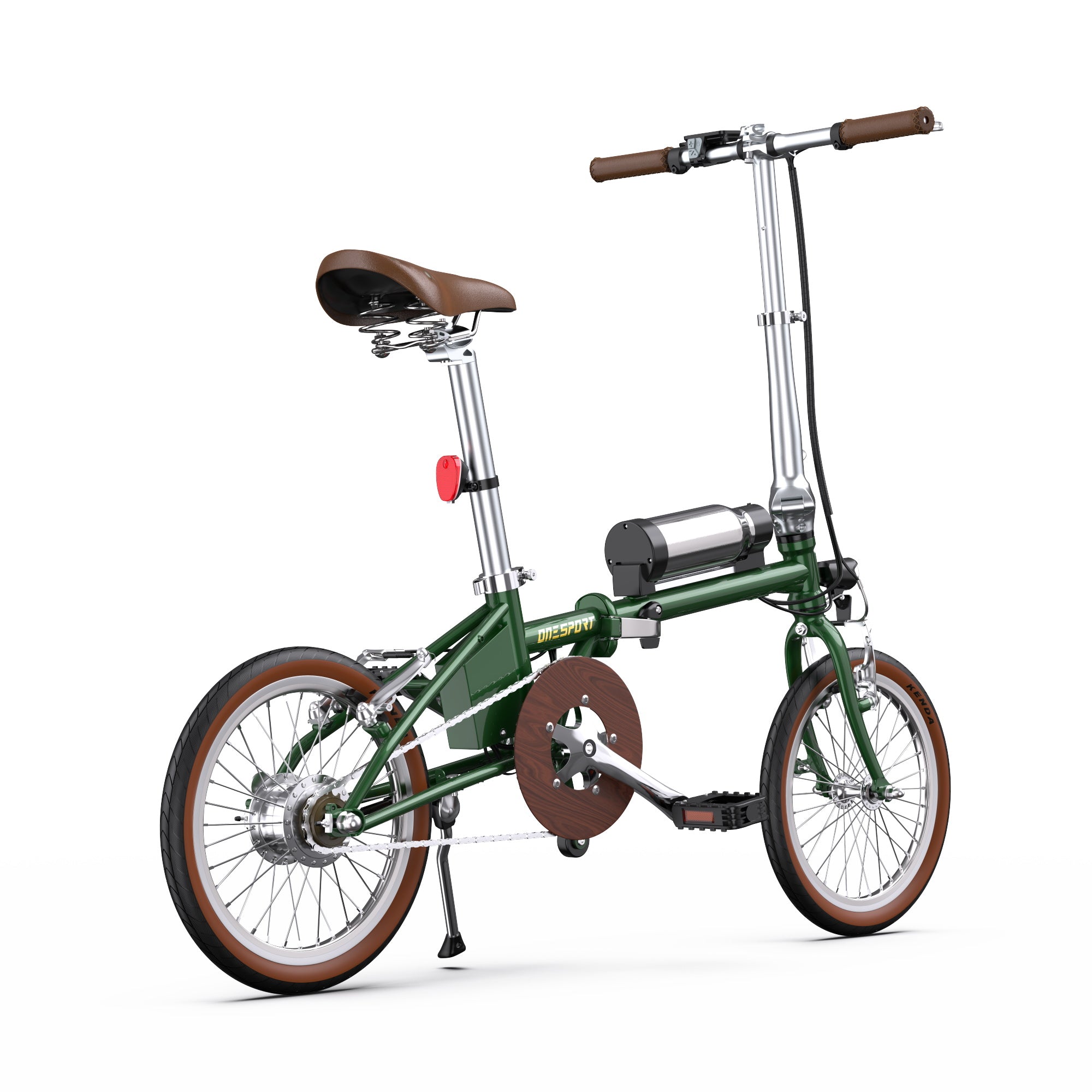 Green OneSport OT02 Compact Folding Electric Bike with brown seat and wheels on a white background