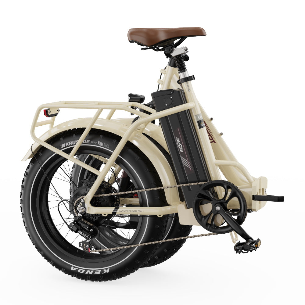 Beige OT16 MAX electric bike with a brown seat on a white background