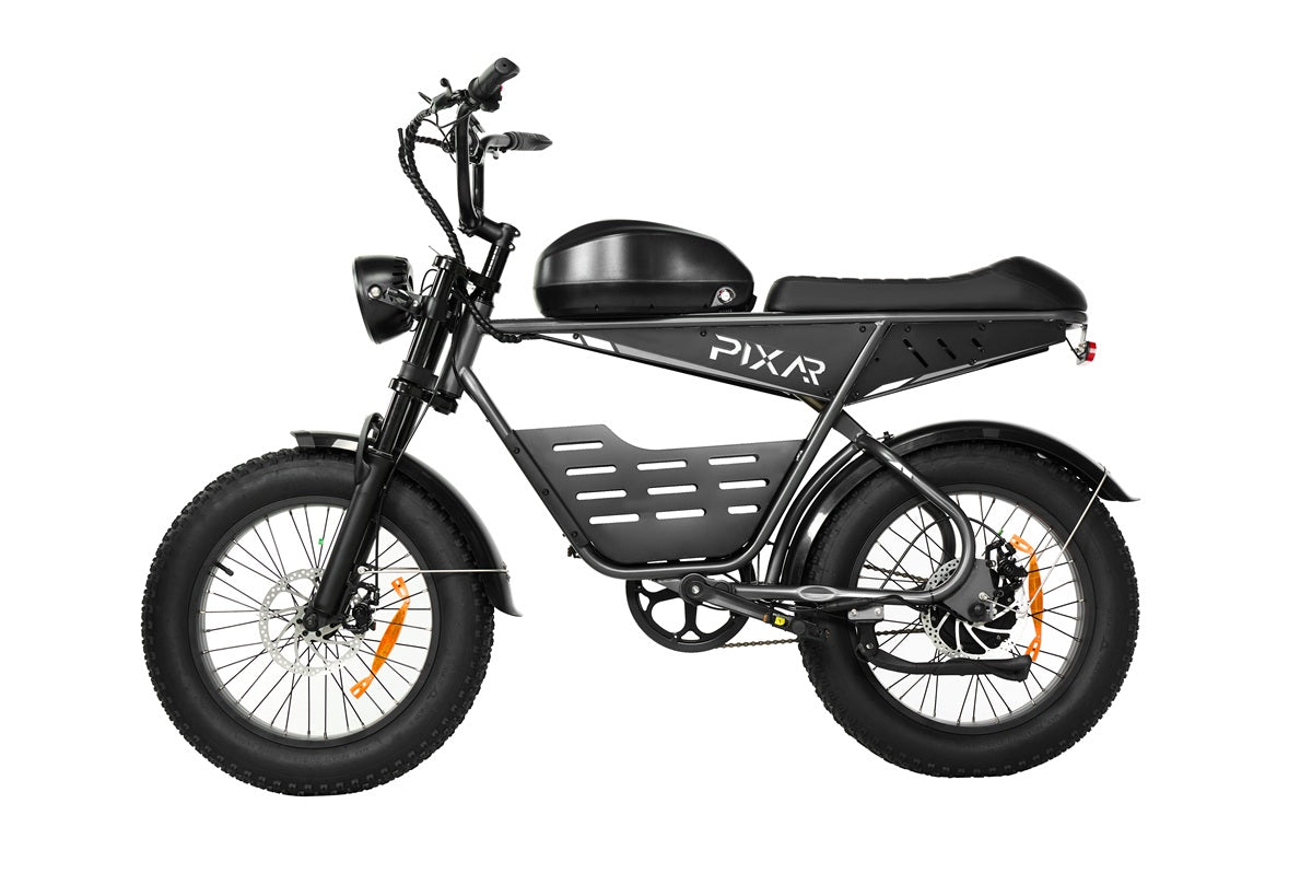 Black Pixar Super V electric bike with 'PIXAR' branding on a white background