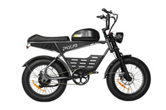 Black Pixar SuperV electric bike with 'PIXAR' branding on a white background