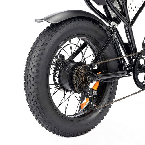 Close-up of a Ridstar Q20 Mini Electric bicycle wheel with thick tire and chain mechanism on a white background