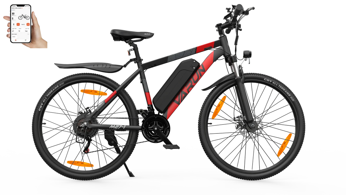 VARUN M27-1 Electric bicycle  with a smartphone displaying an app on a white background