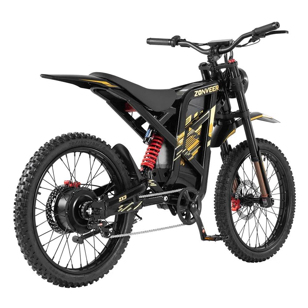 Black Zonveer ZX3 Electric Dirt Bike  with red suspension forks on a white background