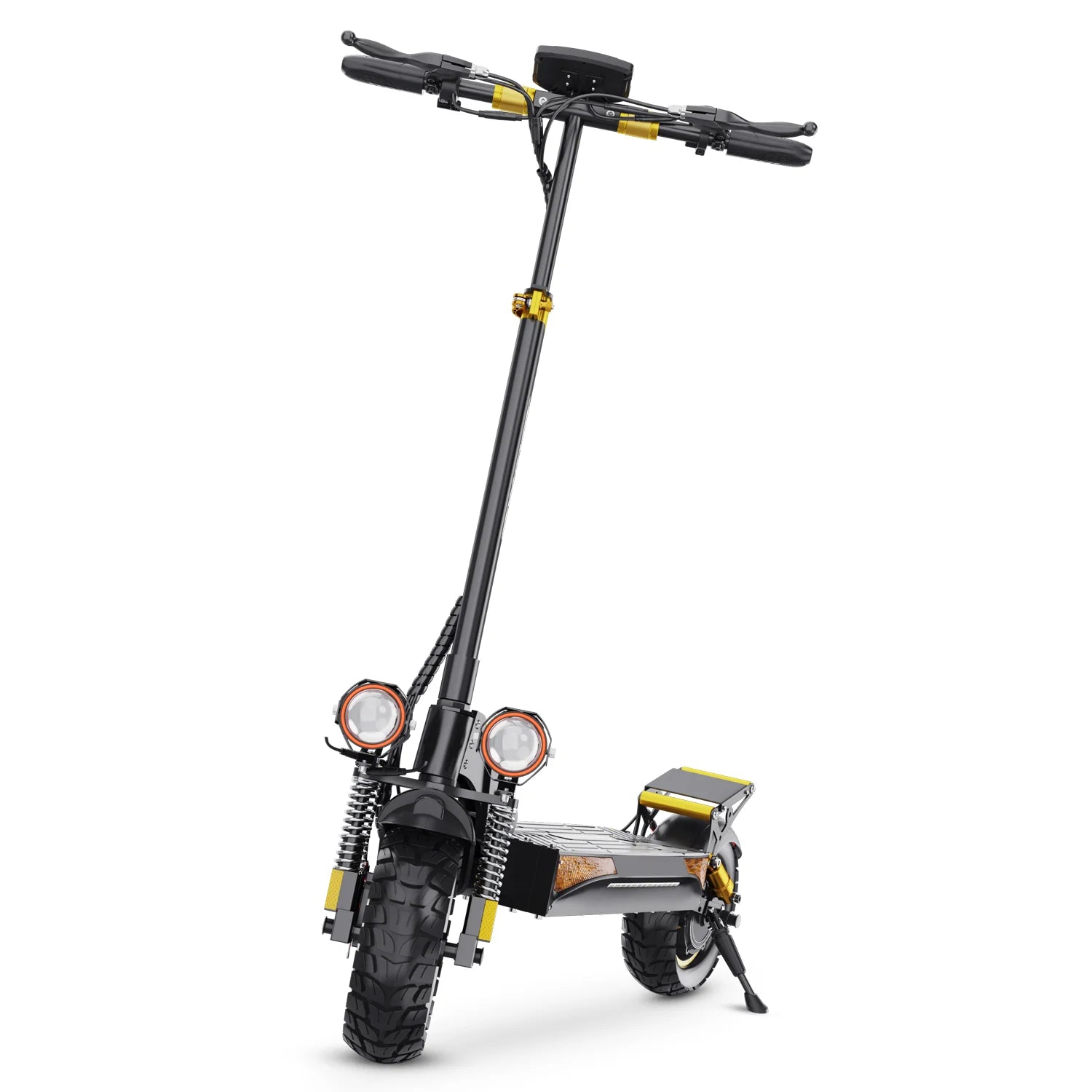 Black iENYRID ES6 Off-Road Electric Scooter with yellow accents on a white background - Pogo Cycles, Ireland
