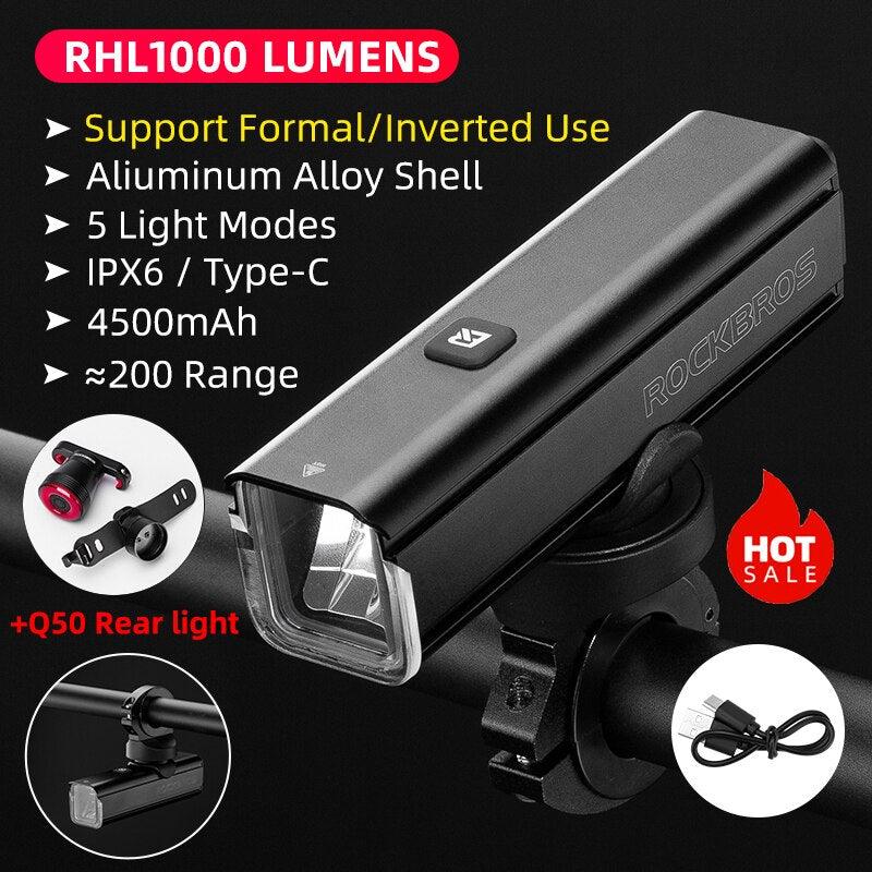 ROCKBROS Bicycle Light 1000LM 4500mAh Bike Light IPX6 Flashlight Aluminum Front Lamp Type-C Charging MTB Road Cycling Highlight - Pogo Cycles