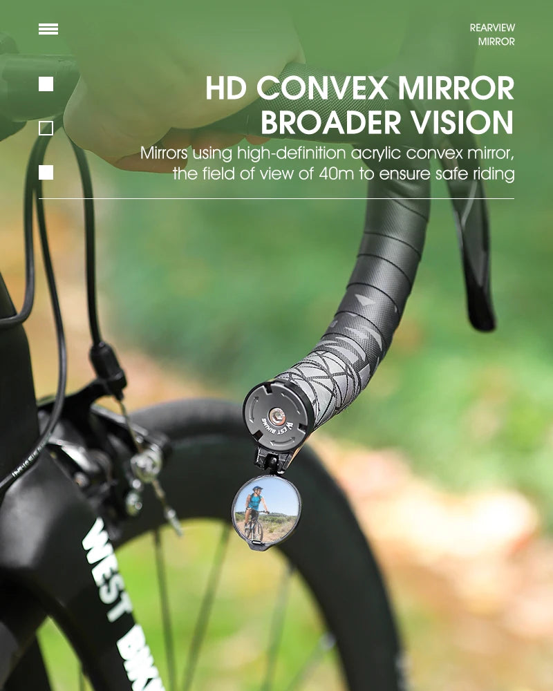 west bike rearview mirror with text about HD convex mirror and broader vision on a blurred green background in bicycle.