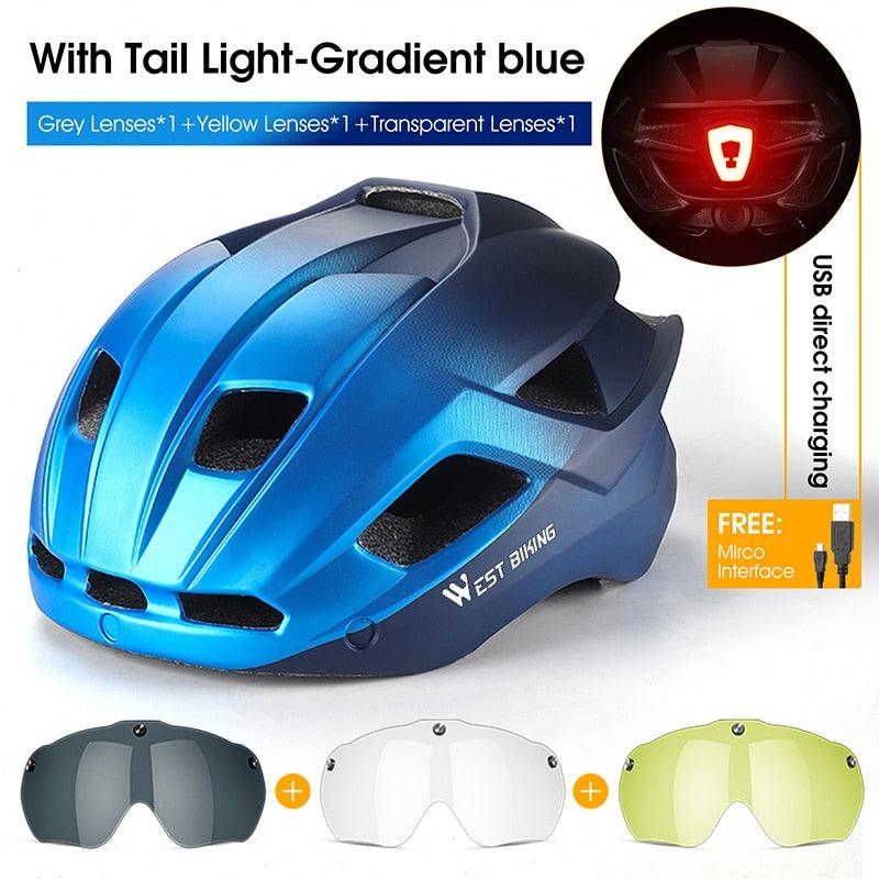 WEST BIKING Men Women Cycling Helmet With Taillight Goggles Sun Visor Lens Bicycle Helmet MTB Road Bike E-Bike Motorcycle Helmet - Pogo Cycles