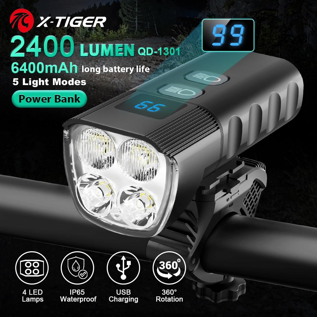 X-Tiger Bike Light Headlight Bicycle Lamp With Power Bank Rechargeable LED 5200mAh MTB Bicycle Light Flashlight Bike Accessories - Pogo Cycles